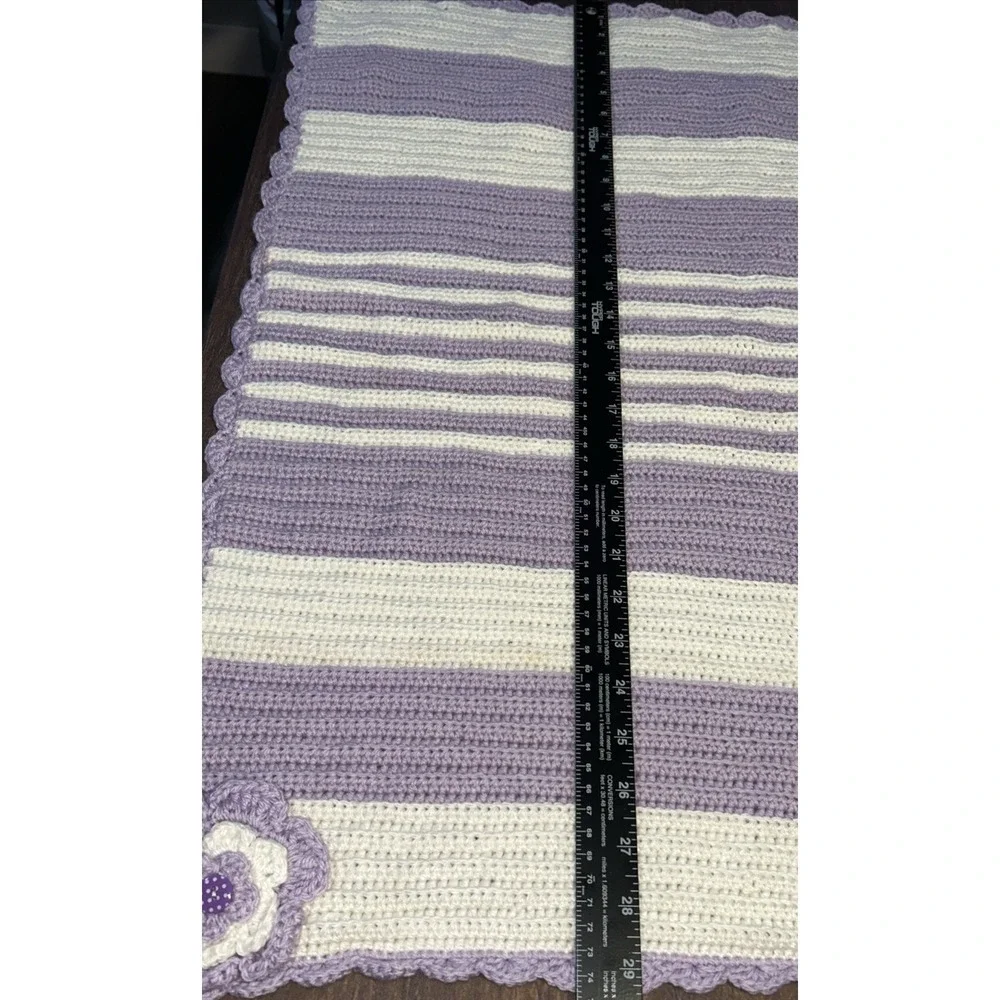Crocheted Baby Blanket Handmade Lilac/White Stripe Crocheted Flower Accent 29x26
